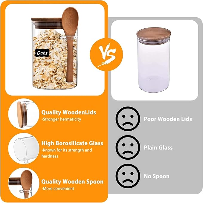 Qikuver 3 pack 18oz Airtight Glass Storage Canister with Bamboo Lids and Spoons Scoop, Food Glass Jars, Kitchen Organization Jar Set for Coffee Beans, Tea, Flour, Salt, Nuts, Candy, Cookie and More