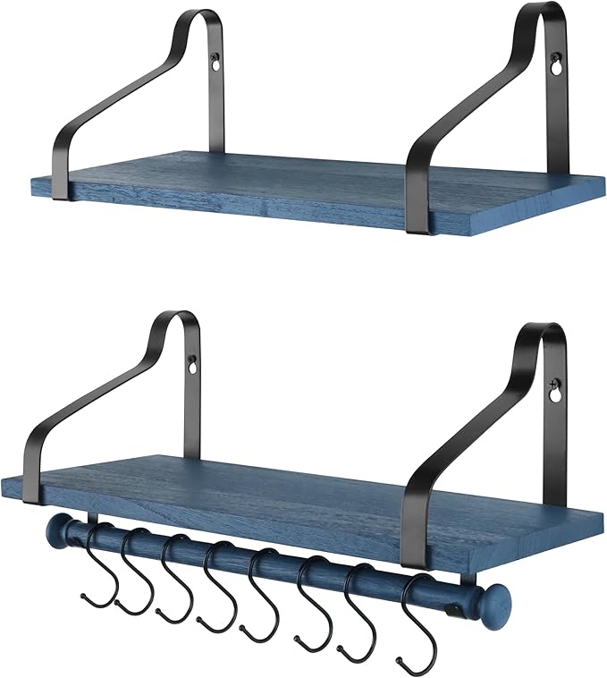 Gurfury Wooden Hanging Pot Rack with 8 hooks - Farmhouse Style Wall Mount Multifunctional Cookware Organizer Rack Kitchen Storage for Pans Utensils (Blue)