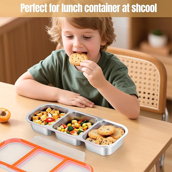 Stainless Steel Snack Containers - Reusable 3 Compartment Condiment Box with Lids for Kids Adults, Grab and Go Divided Snack Food Storage Containers Sauce Cups for School, Travel