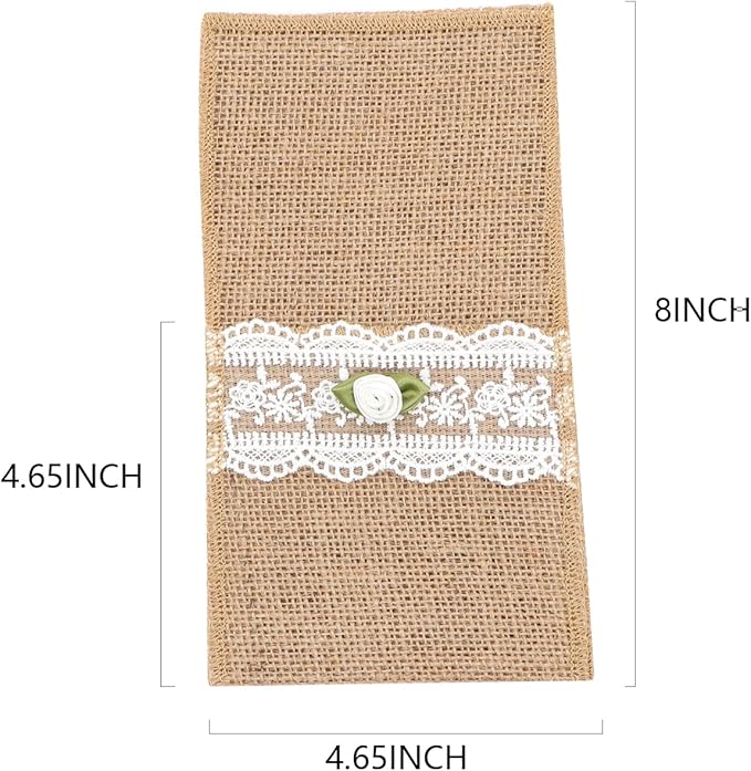 AOKQYA Wedding Utensil Holders - White Rose Lace Burlap Flatware Pouch for Cutlery Table Setting Set of 10 (Rose)