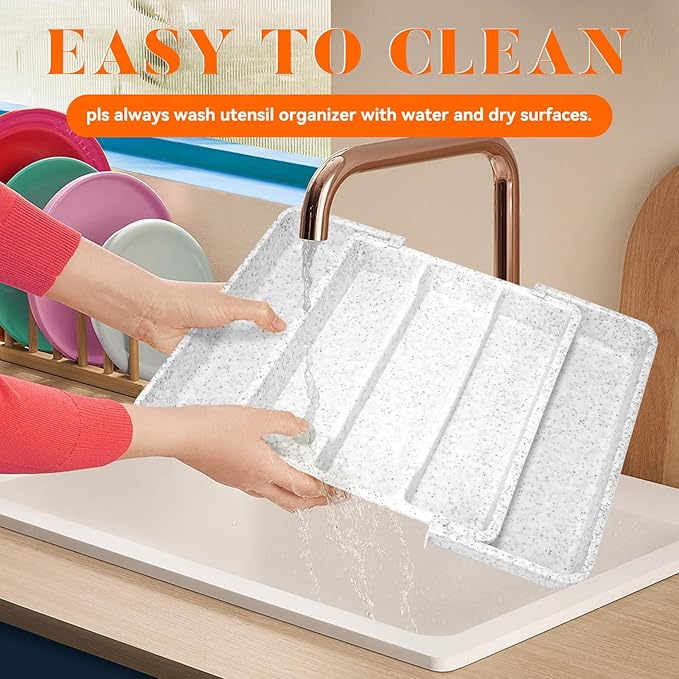 Utensil Drawer Organizer for Kitchen Cutlery, Expandable Large Silverware Organizer, Adjustable Cooking Utensil Tray, Plastic Spatula Tools and Gadgets Storage Divider, Marble Design, White
