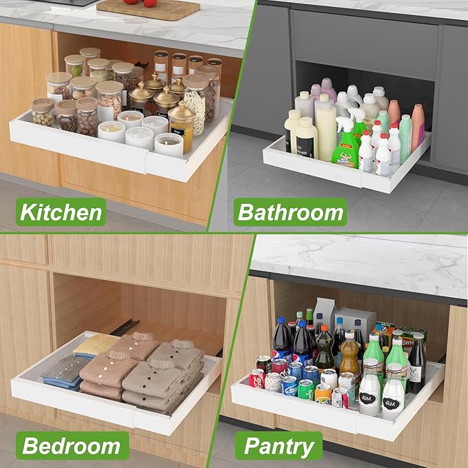 Pull out Cabinet Organizer, Expandable(12.2"-20.5") Heavy Duty Slide Out Drawers, Fixed with Adhesive Nano Film or Screw, Roll out Shelf Storage for Kitchen Base Cabinet Organization(21‘’Deep)
