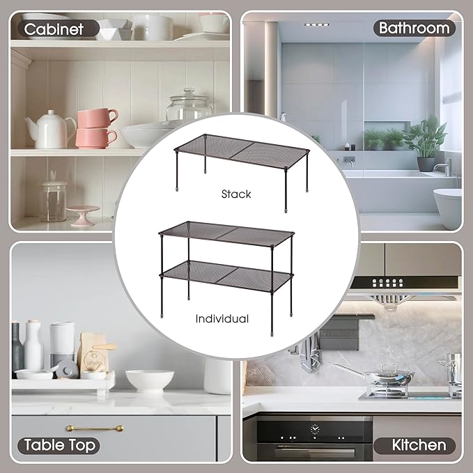 Lonian 2-Pack Kitchen Cupboard Shelf Organizer for Cabinet, Expandable & Stackable Counter Cupboard Organiser, Storage Rack for Bathroom, Kitchen, Laundry Room (Brown), LN-HK-0122