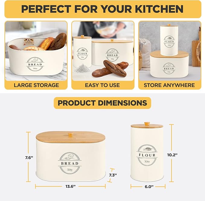 Canisters Sets for Kitchen Counter Storage and Organization with Wooden Bamboo Lids, Food Pantry Containers, Stackable Steel Storage Bins, Airtight Bread and Flour Containers - Cream