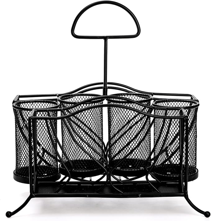 Bekith Silverware Caddy Paper Plate Napkin Holder, Utensil Holder with Handle, Countertop Flatware Caddy Portable Cutlery Storage Organizer for Kitchen, Picnic, Camping, Party, Metal Mesh, Black