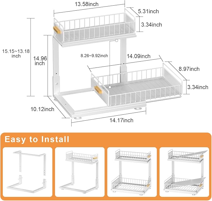 Under Sink Organizer, High Adjustable 2 Tier Under Kitchen Sink Organizer, Multi-Purpose Storage Shelf for Kitchen Bathroom Cabinet, White