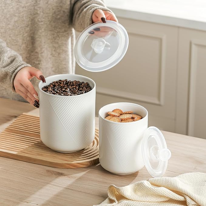 Canister Sets for Kitchen Countertop: Ceramic Food Storage Jar with Airtight Lids - Large Seal Damp-proof Containers for Coffee Tea Flour Sugar Rice Cookies Candy - White 100 oz (42+75 oz)
