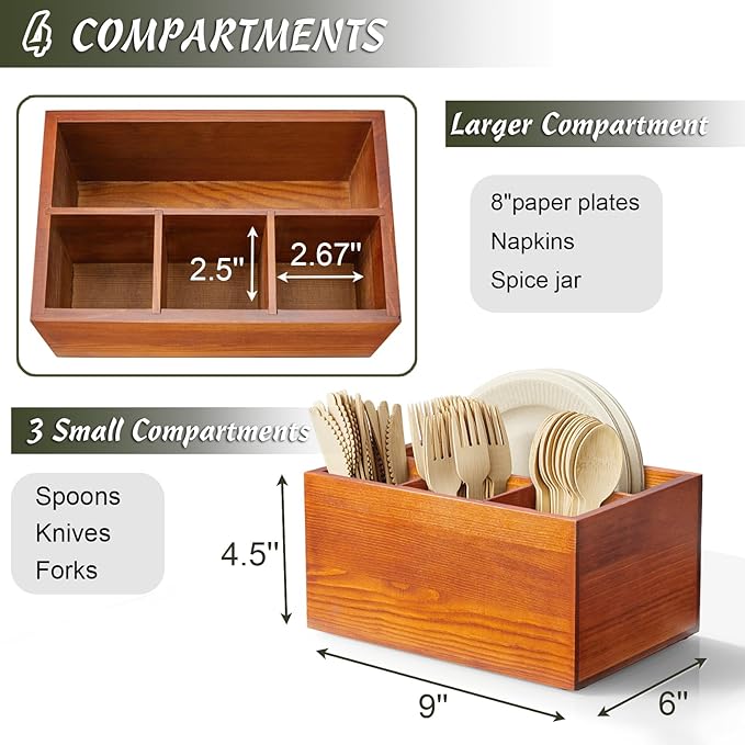 DRASTAR Utensil Caddy, Wooden Silverware Holder Countertop, Picnic Cutlery Holder, Plastic Silverware Organizer for Party, Brown
