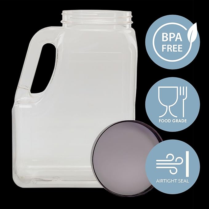Cornucopia Brands Clear Plastic Gallon Jar w/Handle and Airtight Lid (2-Pack) for Bulk Food, Craft Supplies, Paint and Detergent Storage and More