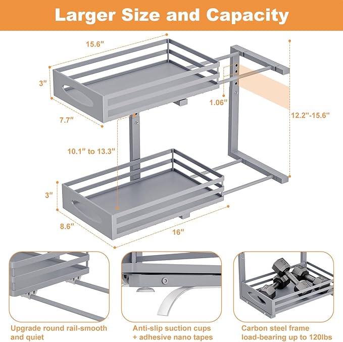 Under Sink Organizers and Storage, Pull Out Kitchen Cabinet Organizer, 2 Tier Slide Out Steel Under Sink Storage Shelf for Kitchen Pantry Bathroom (Grey, 1Pack)