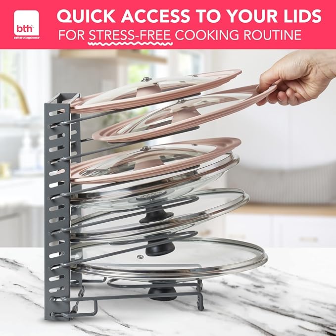 BTH Adjustable Pot Lid Organizer for Cabinet - Kitchen Storage Rack with 6 Adjustable Shelves, Pot Lid Holder, Pan and Pot Rack Organizer, Perfect for Pantry & Inside Cabinet Organizer