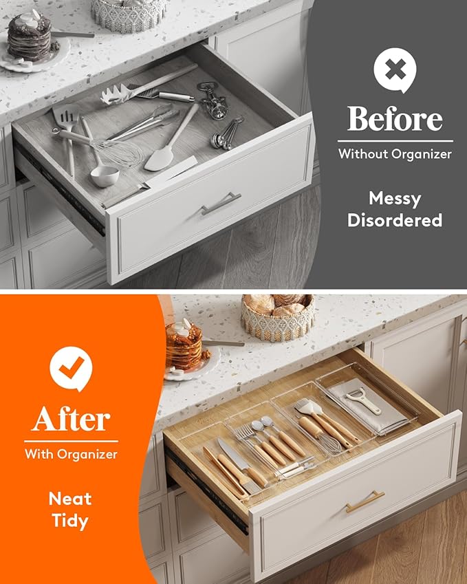 Lifewit Silverware Drawer Organizer, 5.75" x 11.65" Clear Utensil Tray for Kitchen Drawer, Stackable Plastic Flatware and Cutlery Storage Box Divider for Spoons Forks Knives Tools, 2 Pack