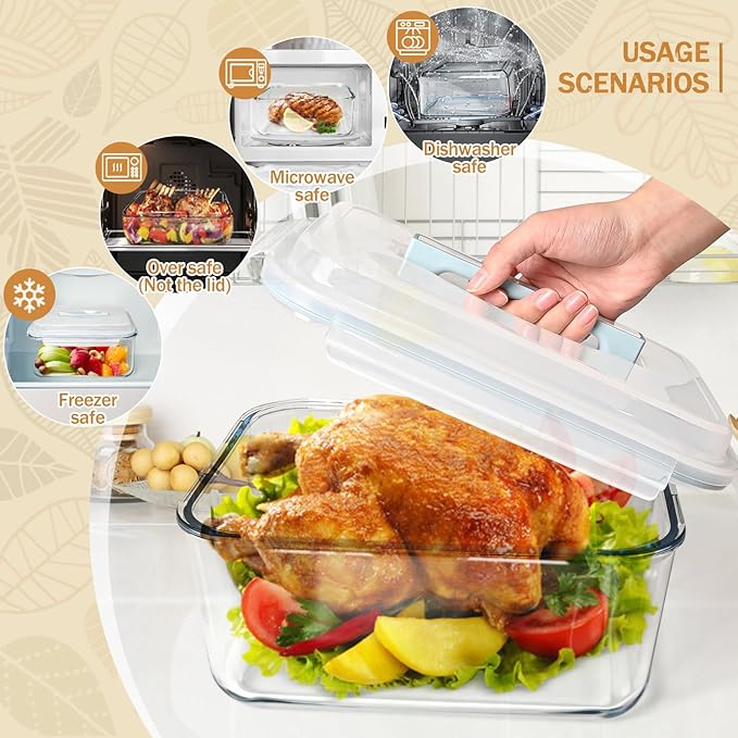 Large Glass Storage Containers with Lids, Big Rectangular Food Containers for Rotisserie Chicken Meal Prep Turkey Watermelon Potluck, XL Extra Large Freezer Safe Storage Container Airtight 200oz/26cup