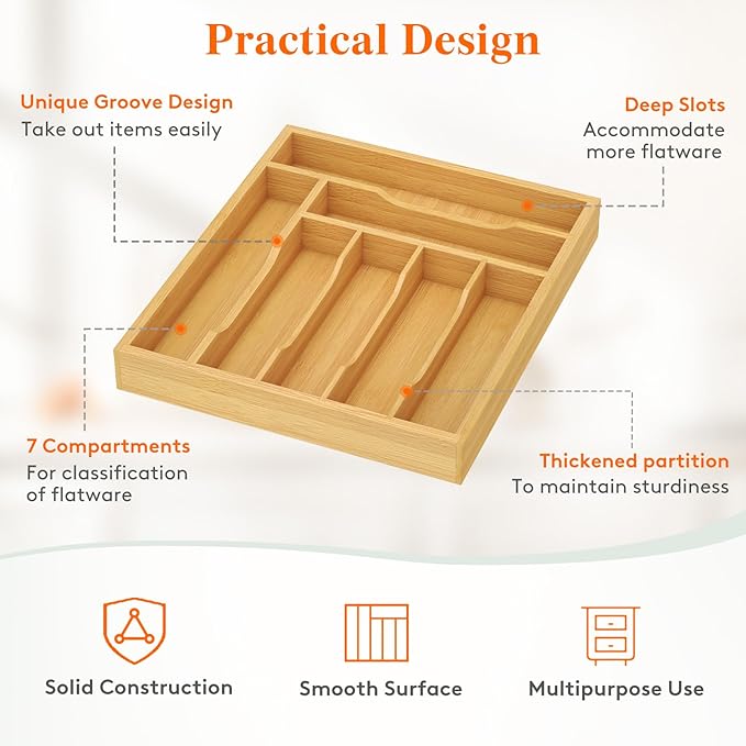 Lifewit Silverware Drawer Organizer Tray, Bamboo Cutlery Storage for Kitchen Drawer, 7 Compartment Flatware and Utensil Holder Divider for Spoons Forks Knives Tableware, Natural