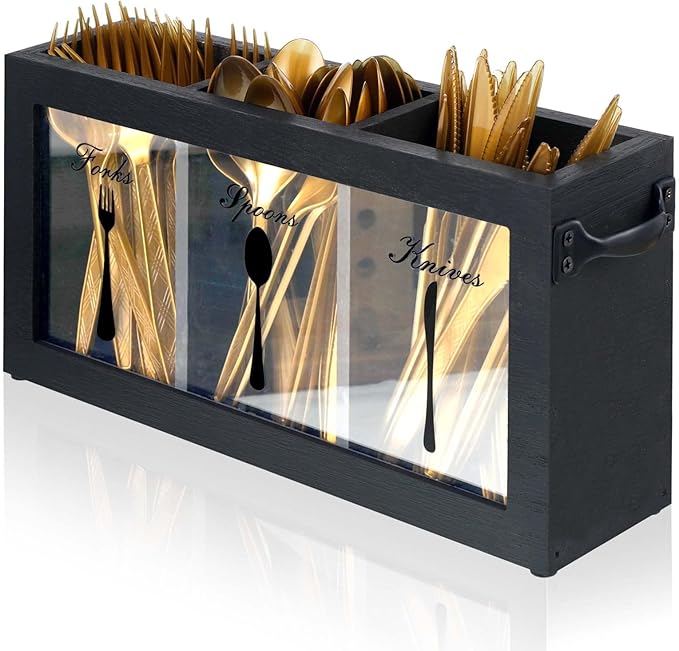 Nuenen Wooden Silverware Caddy Flatware Cutlery Holder Rustic Spoon Fork and Knife Countertop Holder 3 Section Flatware Dispenser Utensil Organizer Containers for Home Kitchen Restaurant