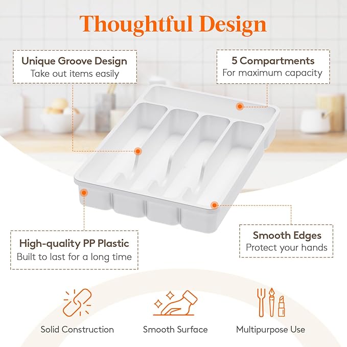 Lifewit Silverware Organizer with Lid, Covered Utensil Tray for Kitchen Drawer and Countertop, Plastic Cutlery and Flatware Storage Box for Spoons Forks Knives Holder Case, 5 Compartments, White