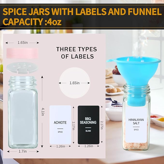 36 Glass Spice Jars with Labels,Spice Jar Set,4oz Seasoning Containers,Spice Containers with Pink Airtight Lids and Shaker Lids,Square Empty Spice Bottles, 492 Labels,2 Marker Pens,1 Funnel