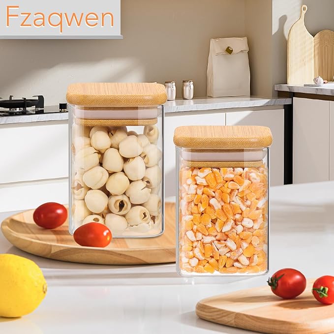 Glass Spice Jars with Bamboo Lids - 9 Oz Small Square Storage Jars with Airtight Lids Clear Pantry Food Storage Containers Glass Canister Set with Labels for Kitchen Coffee Sugar Flour(Set Of 10)