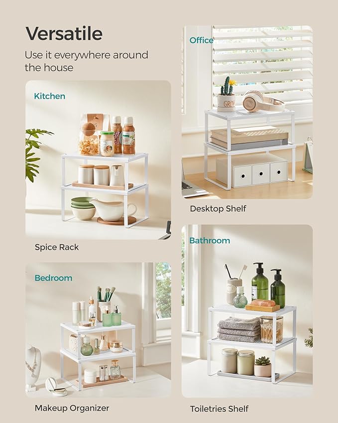 SONGMICS Spice Racks, Set of 2 Metal Cabinet Shelf Organizers, Countertop Organizers, Shelf Risers, Stackable, Expandable, White UKCS01WT
