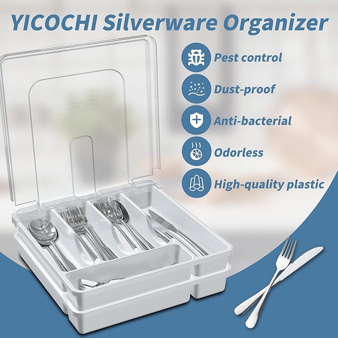 2 Layer Large Silverware Tray with Lid,Stackable Utensil Organizer for Countertop,Removable Tray for Flatware Organizer, White