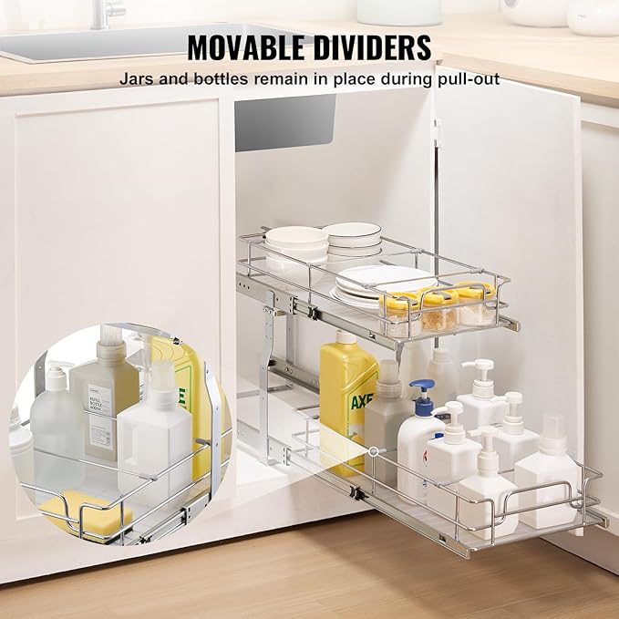 VEVOR 12"W x 21"D Pull Out Cabinet Organizer, Heavy Duty Slide Out Pantry Shelves, Chrome-Plated Steel Roll Out Drawers, Sliding Drawer Storage for Home, Inside Kitchen Cabinet, Bathroom, Under Sink