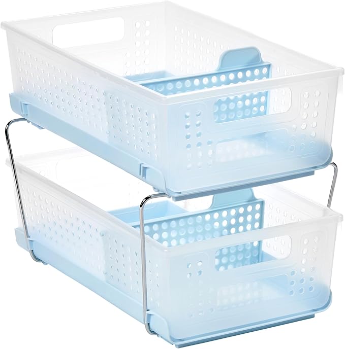 madesmart 2-Tier Plastic Multipurpose Organizer with Divided Slide-Out Storage Bins, Under Sink and Cabinet Organizer Rack, Frost