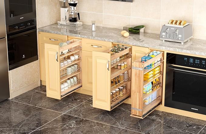 4 Tier Pull Out Spice Rack Holder Shelves (8" W x 22" D), spice organization for cabinet Storage Organization, pull out spice racks for inside cabinets