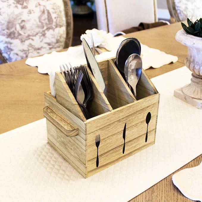 Ikee Design Rustic Elegant Wooden Flatware Organizer Caddy, Oak Color, 7'W x 5.5'D x 6.63'H