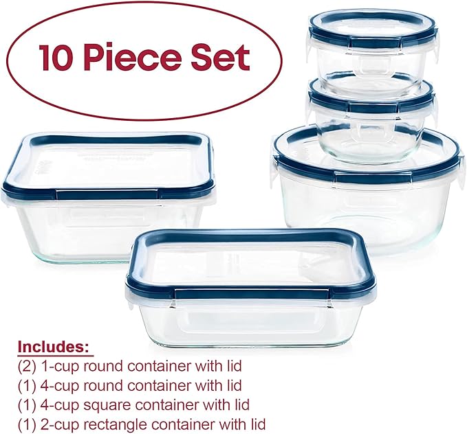 Pyrex Freshlock 5-Pack Mixed Sized Airtight Glass Food Storage Container Set with Microban, Non Toxic, BPA-Free Leakproof Locking Lids