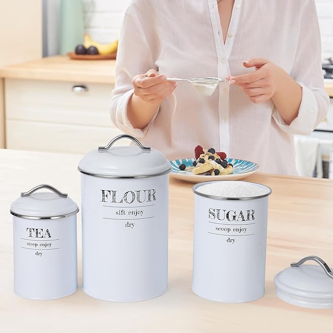 GarveeHome 3 Pcs Flour Sugar Tea Canister Set, Vintage Food Sealed Storage Jars with Airtight Lids, Rustic Metal Kitchen Canisters Set for Flour, Sugar, Tea, for Countertop Farmhouse Decor, White