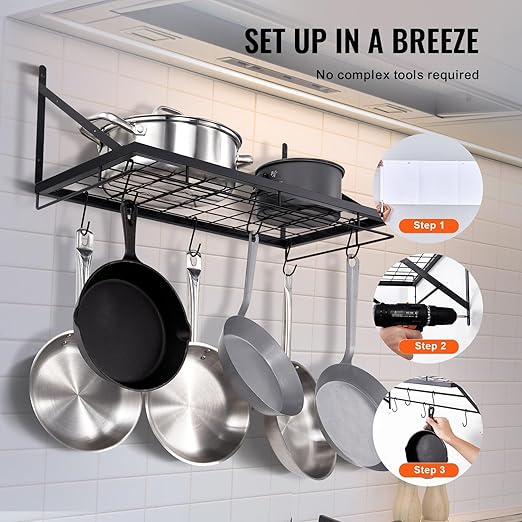 VEVOR Pot Rack Wall Mounted, 24 inch Pot & Pan Hanging Rack with 12 S Hooks, 55 lbs Loading Weight, Ideal for Cookware in Kitchen