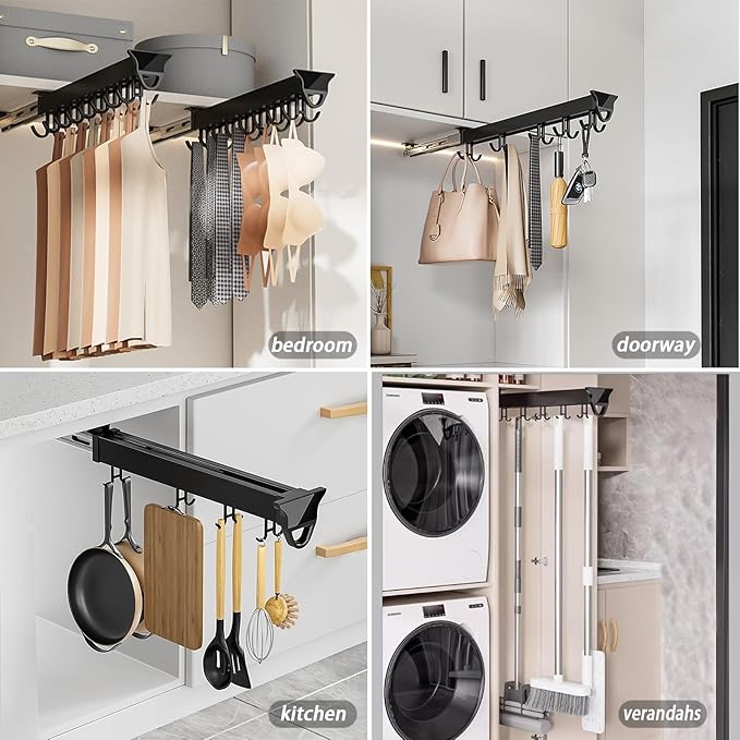Hanging Pot Rack with 10 Hook for Cabinet 22" Pull Out Pot and Pan organizer Adjustable Pot Racks with Sliding Rail Storage Utility Rack Used for Kitchen/Closet/Cupboard,Load 75LBS