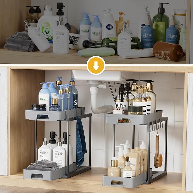 Delamu Under Sink Organizers and Storage, 2 Pack Pull Out Kitchen Bathroom Cabinet Organizer, 2 Tier Grey Under Sink Storage for Bathroom Kitchen