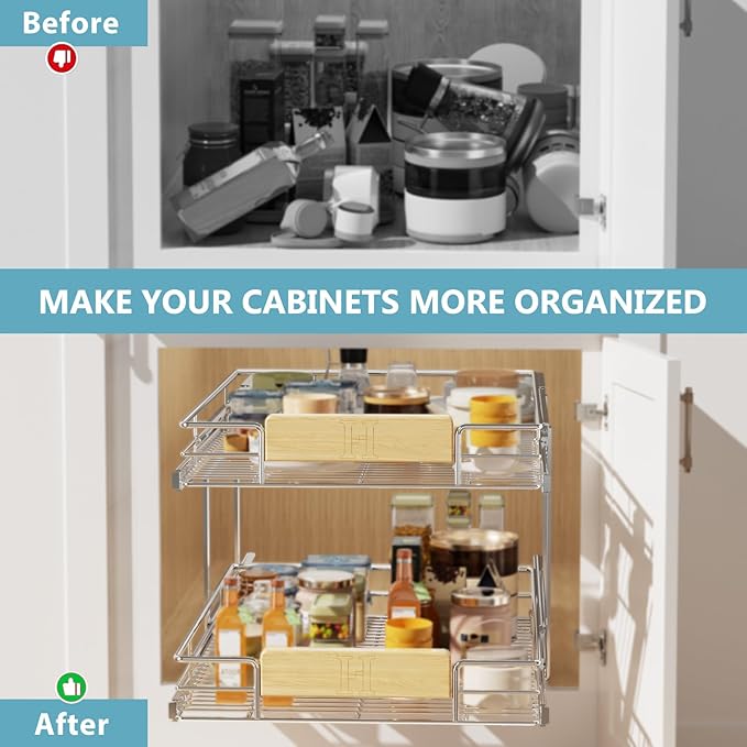 LOVMOR 2 Tier Pull Out Cabinet Organizer 22½" W x 21½" D, Slide Out Drawers with Wooden Handle, Sliding Shelves Organization and Storage for Kitchen, Pantry