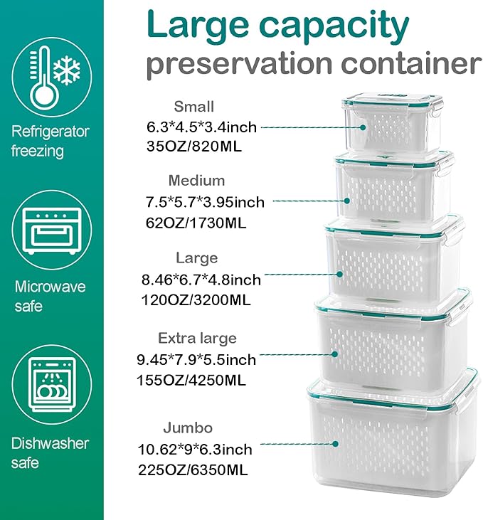 Upgraded Fresh Produce Vegetable Fruit Storage Containers,Large Fruit Containers for Fridge with Lid Vent Handle and Colander ,Keep Berry Fruit Vegetable Food Meat Fresh Longer (5)