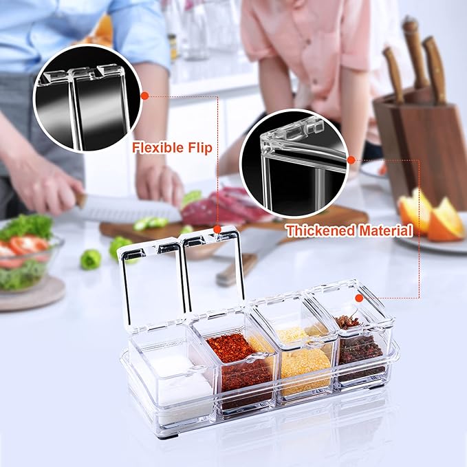 ZGWJ Acrylic Kitchen Spice Pots, 4 Piece Clear Seasoning Box Set, Storage Container Condiment Jars for Spice Salt Sugar Cruet, Seasoning Rack Spice Pots with Cover and Spoon