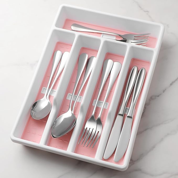 Silverware Organizer with Cutlery Icons,Silverware Tray for Kitchen Drawer,Flatware Tableware Cultery Drawer Organizer Utensil Organizer with Non-slip TPR Linings,Pink Kitchen Organization Essentials