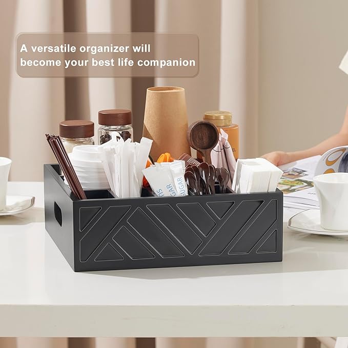 Paper Plate Dispenser-Wood Utensil Holder for Party-Paper Plate Organizer for Countertop-Wood Silverware Caddy with 7 Compartments,Spoonpicnic Caddy for Plates and Utensils-Black…