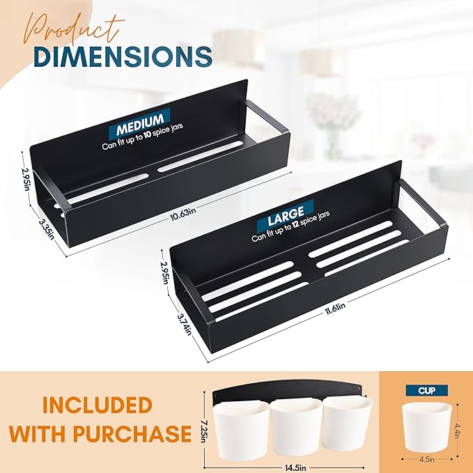 Magnetic Spice Rack for Refrigerator - Strong Magnetized Shelf for Fridge Storage - 2 Pack with Bonus Storage Cups and 4 Moveable Hooks - Versatile Space-Saving Kitchen Organizer Shelves