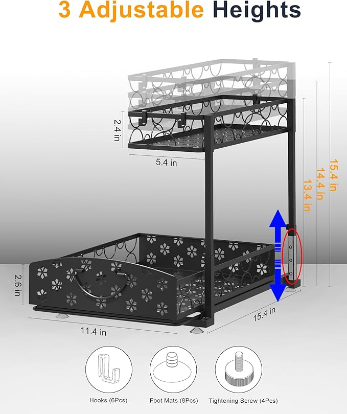 2 Pack Under Sink Organizer, Adjustable Height Metal Under Kitchen Cabinet Organizer, 2-Tier Sliding Shelf Storage, Multi-Use for Under Kitchen Bathroom Sink Organizers and Storage, Black
