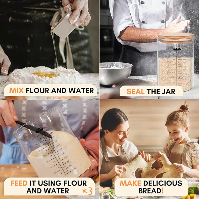 50oz Sourdough Starter Jar Glass with Recipes, Sourdough Starter Kit, Large Capacity Wide Mouth Glass Jar with lid, Sourdough Bread Baking Supplies