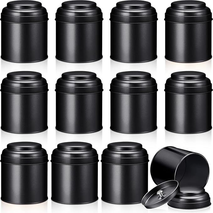 12 Pcs Tea Tin Canister with Airtight Double Lids 8 oz Round Tin Can Box Small Kitchen Tea Canister Loose Leaf Storage Containers for Loose Bags Coffee Sugar Candy Spices(Black)