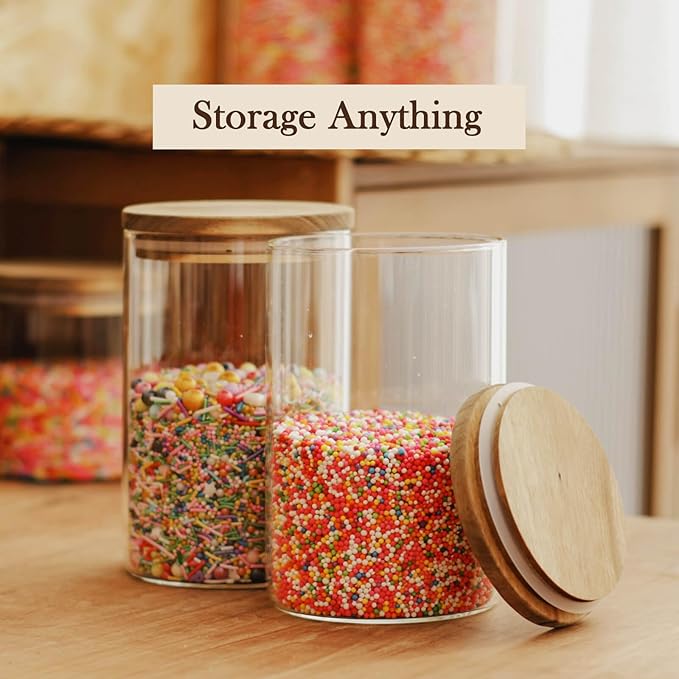 Labina Glass Storage Container Airtight Food Jars Kitchen Canister with Wood Lids, 32 Oz Wide Mouth Pantry Organization Glass Jar for Flour, Sugar, Cookie, Spagetti, Candy and Nuts
