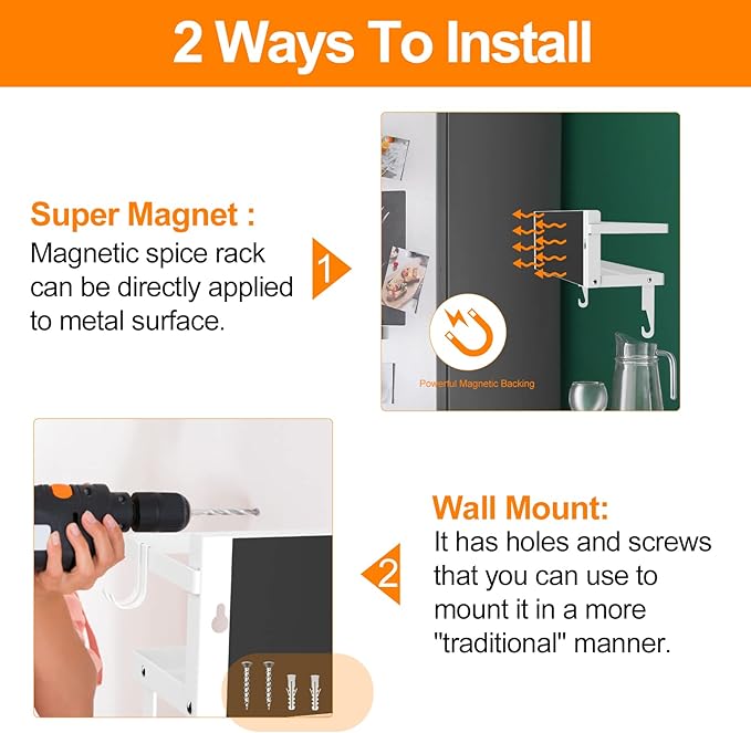Spice Rack Magnetic Shelf with Paper Towel Holder Roll and Hooks, Foldable Refrigerator Magnetic Spice Holder, Seasoning Organizer Hanging Spice Storage Stand, White