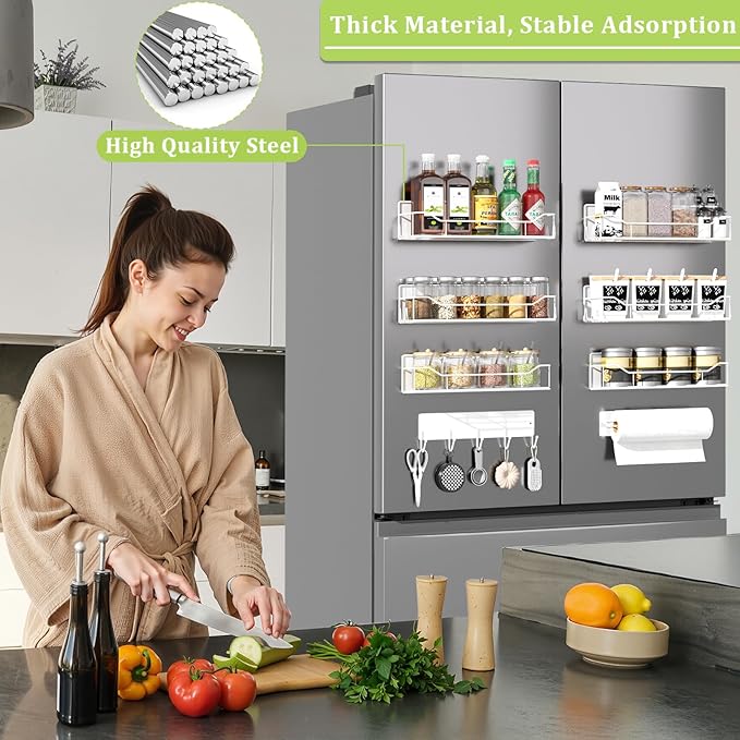 Magnetic Spice Rack for Refrigerator, 9 Pack Magnetic Fridge Shelves W/Adjustable Paper Towel Holder, Hook Rack, Moveable Spice Organizer Shelf for Kitchen Organization and Storage (White)