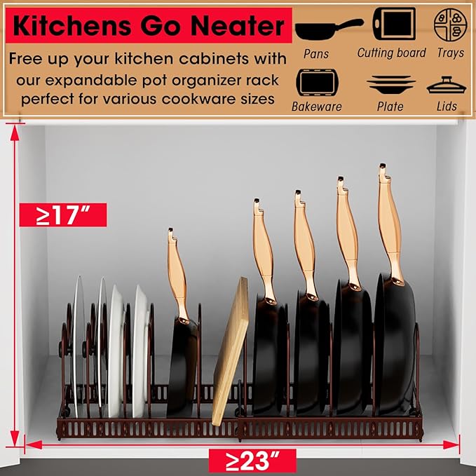Pots and Pans Organizer, Expandable Rack with 11 Dividers for Bakeware and Lid Storage (Black)