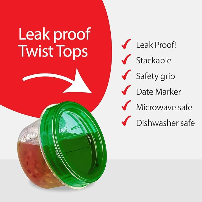 PLASTICPRO 6 Pack Twist Cap Food Storage Containers with Green Screw on Lid- 4 oz Reusable Meal Prep Containers - Small Freezer Containers Microwave Safe Green Plastic Food Storage