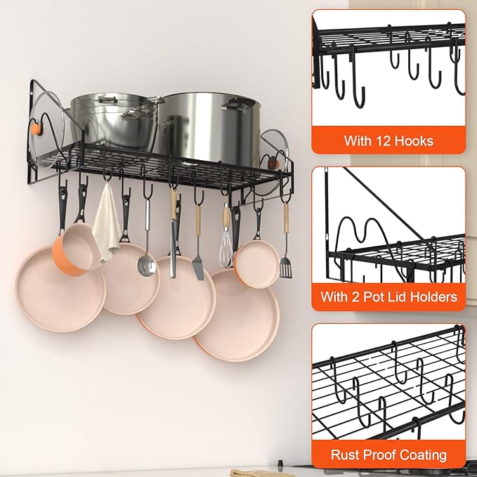 35 Inch Pot Rack Wall Mounted, Pots and Pans Organizer with 12 Hooks and 2 Pot Lid Holders, Heavy Duty Steel Pot and Pan Hanger for Kitchen Cookware Utensils Storage 34.7" Lx13 Wx12.6 H
