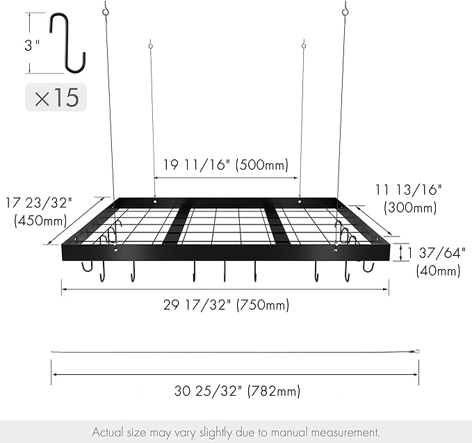 KES Ceiling Pot Rack 30 Inches, Hanging Pots and Pans Organizer Rack for Ceiling with 15 Hooks, Matt Black Kitchen Pot Hanger Rack, KUR219S75-BK