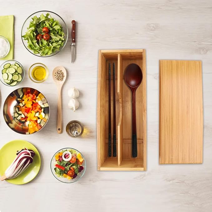 Cyrank Wooden Cutlery Box with Lid, Small Drawer Organizer Kitchen, Cutlery Organizer in Drawer for Spoon Utensil Chopsticks Box for Kitchen Countertop, 10.6x4.3x2.5inch